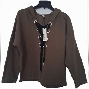 Haude Monde Khaki Jumbo Lace Up Shoe String Hoodie Women's Size Small NWT